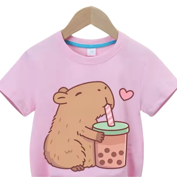 Pink Kids T-Shirt with Capybara & Bubble Tea Print - Picture 1 of 5